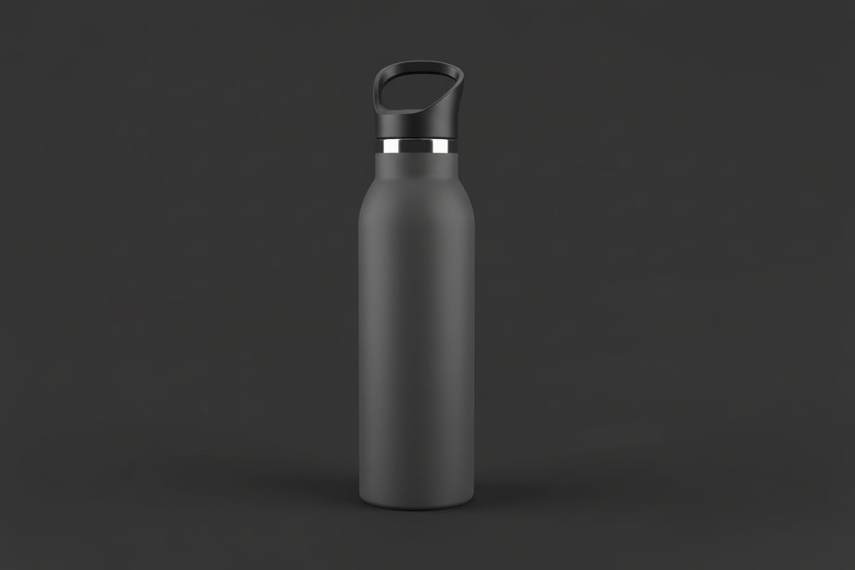 Schwarze Edelstahl-Trinkflasche mit Softbeschichtung und Lasergravur