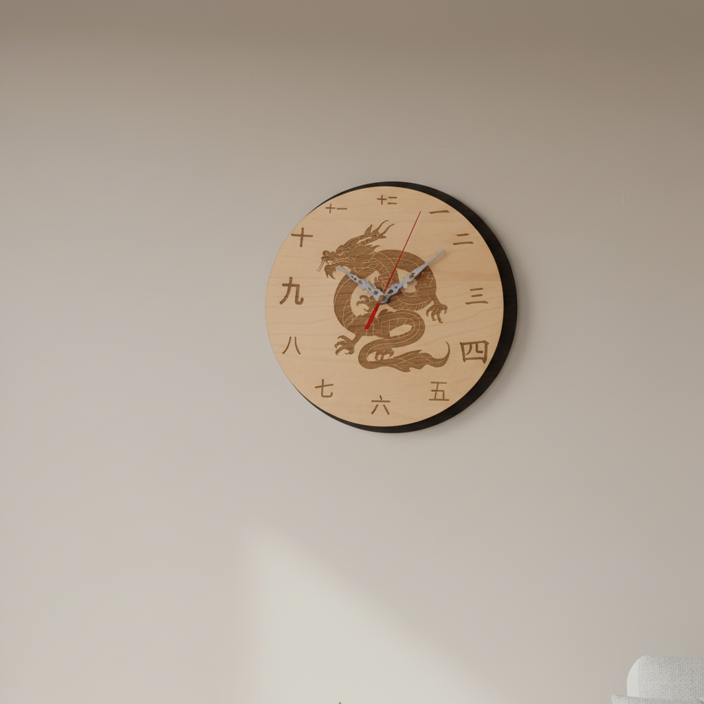 Drachen-Wanduhr Nahaufnahme - Details der Lasergravur