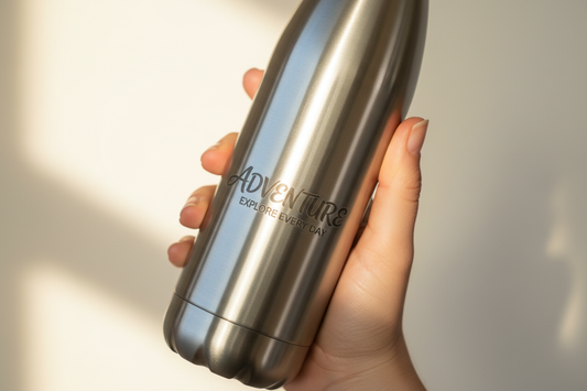 Edelstahl Trinkflasche personalisiert mit Lasergravur – Hand hält gravierte Trinkflasche