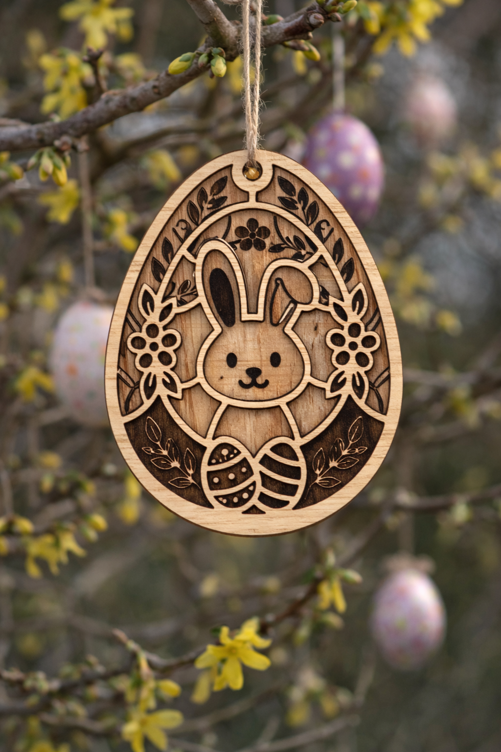 Zweilagiges Osterornament aus Birkenholz mit graviertem Hasenmotiv am Osterstrauch