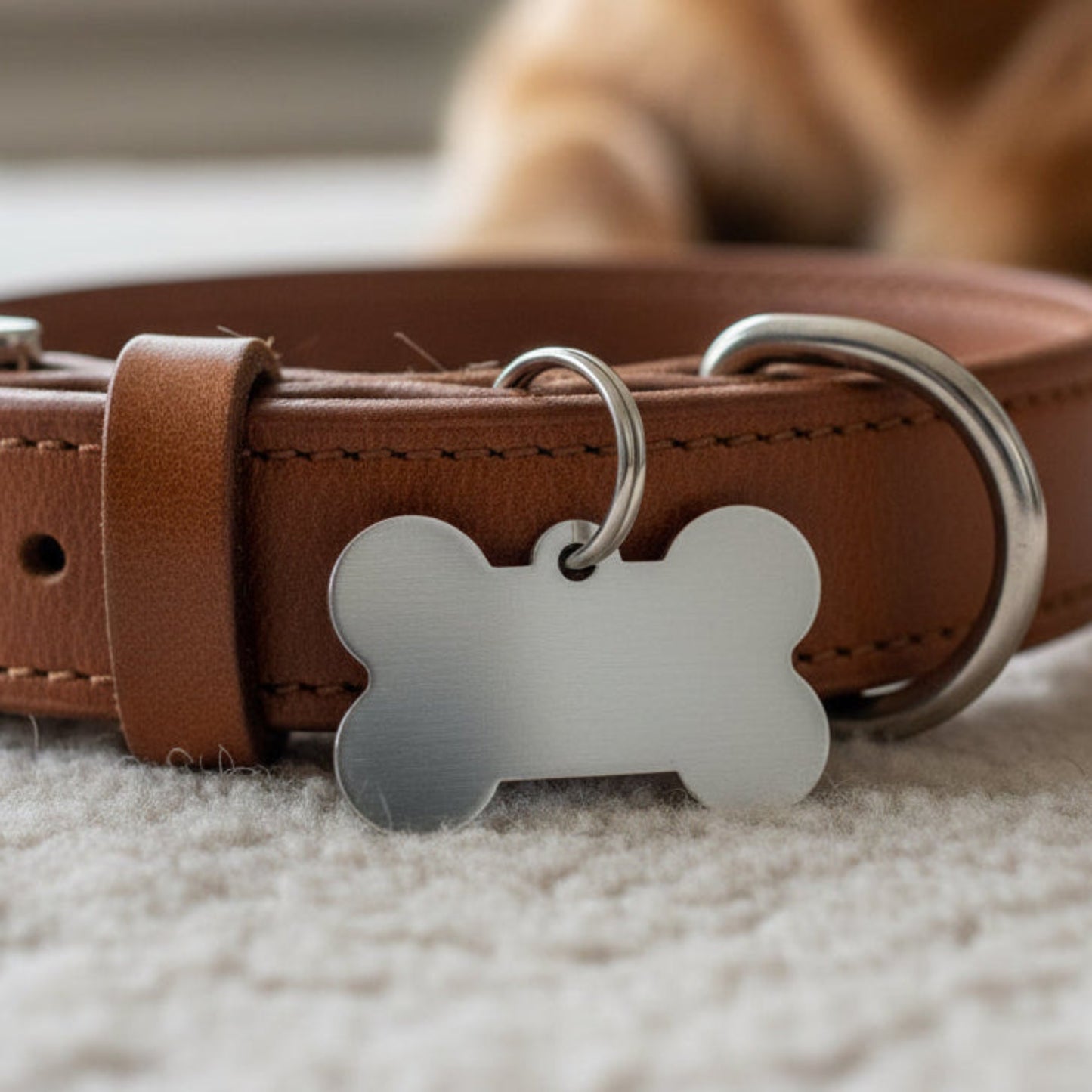 Metall-Anhänger in Knochenform am Hundehalsband mit glatter Gravurfläche