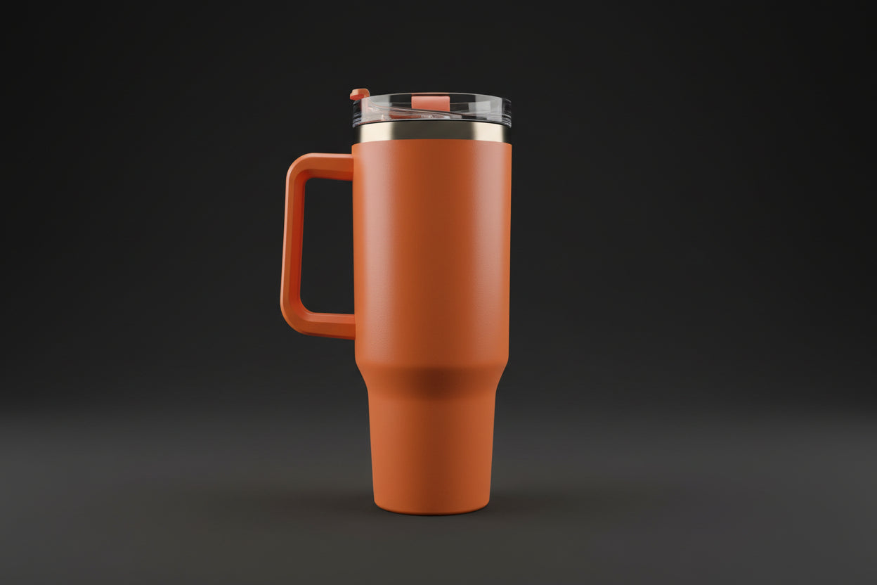 Oranger Edelstahlbecher mit Griff, Deckel und Trinkhalm
