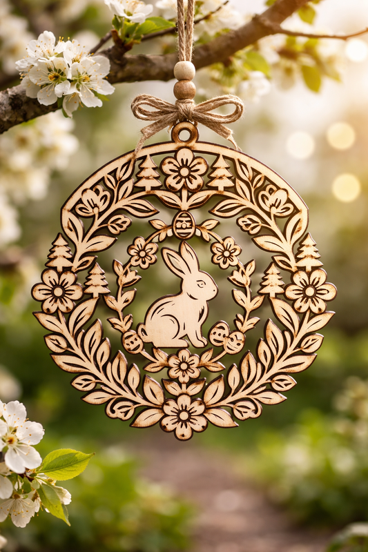 Filigranes Osterornament aus Holz mit Osterhase – Laser-Cut Design