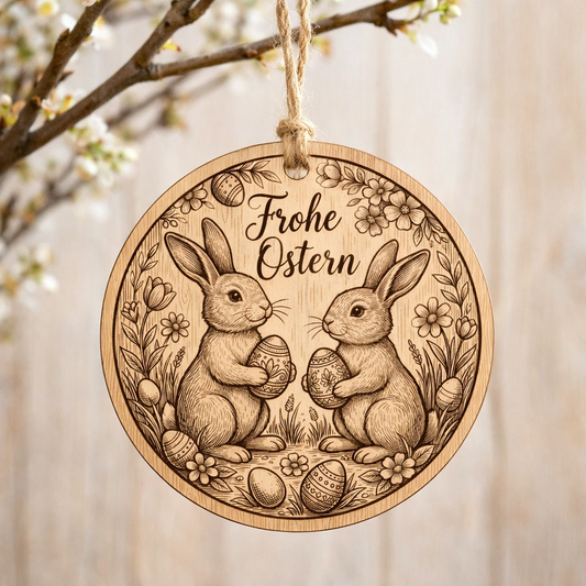 Osteranhänger aus Holz mit Lasergravur – Hasenmotiv und Ostereier als Osterdeko Ornament