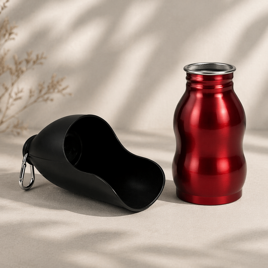 Personalisierbare Hundetrinkflasche aus rotem Metall mit schwarzem Trinkaufsatz und Karabiner auf hellem Hintergrund