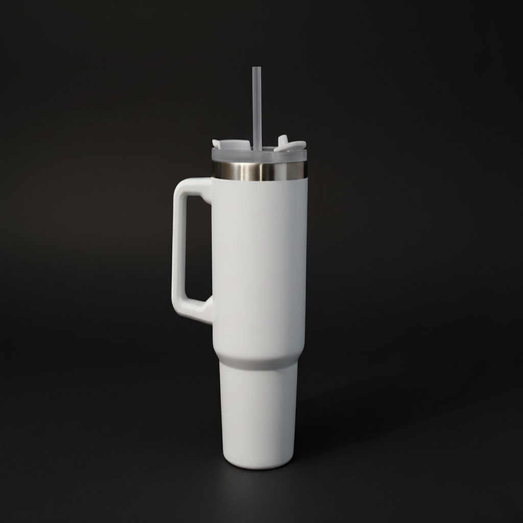 Weißer Edelstahl-Thermobecher mit Griff, Deckel und Trinkhalm, geeignet für individuelle Lasergravur