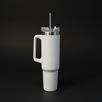Weißer Edelstahl-Thermobecher mit Griff, Deckel und Trinkhalm, geeignet für individuelle Lasergravur