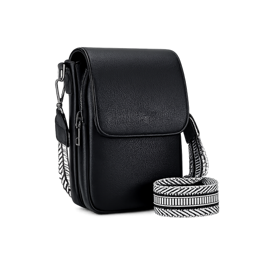 Schwarze kleine Umhängetasche für Damen aus PU-Leder mit verstellbarem Schulterriemen, kompakte Crossbody-Handytasche für Smartphone und Essentials.