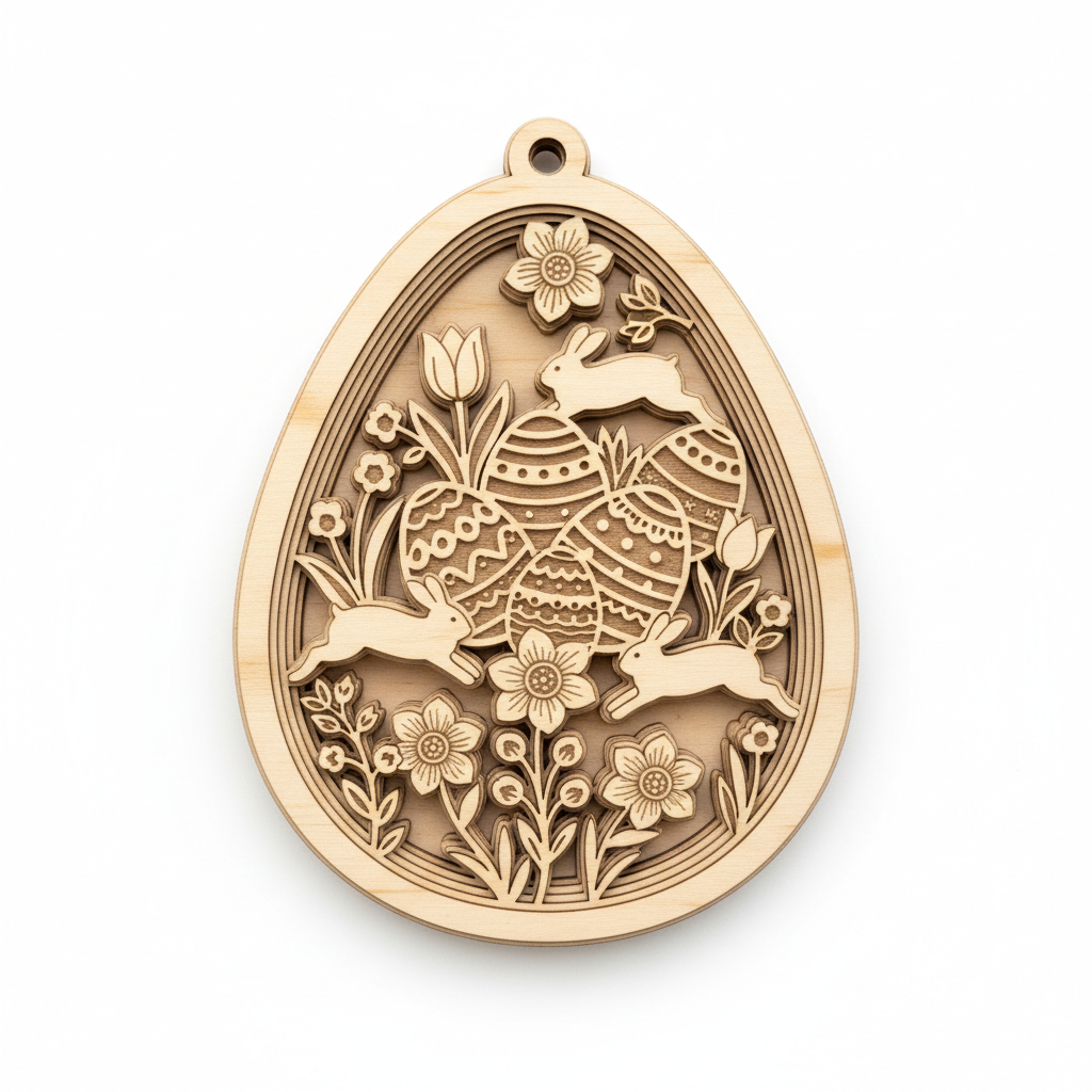 Oster-Ei Ornament 2-teilig Holz - Hasenmotiv Lasergravur Detail
