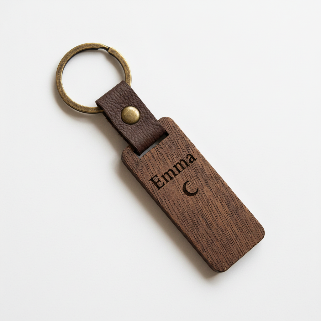 Holz-Schlüsselanhänger mit Gravur Emma und Mond