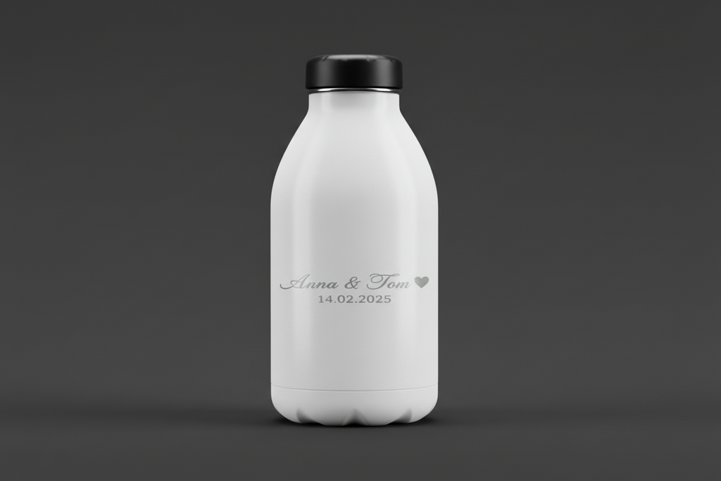 Personalisierte Edelstahl-Trinkflasche mit Gravur Anna & Tom Herz 14.02.2025