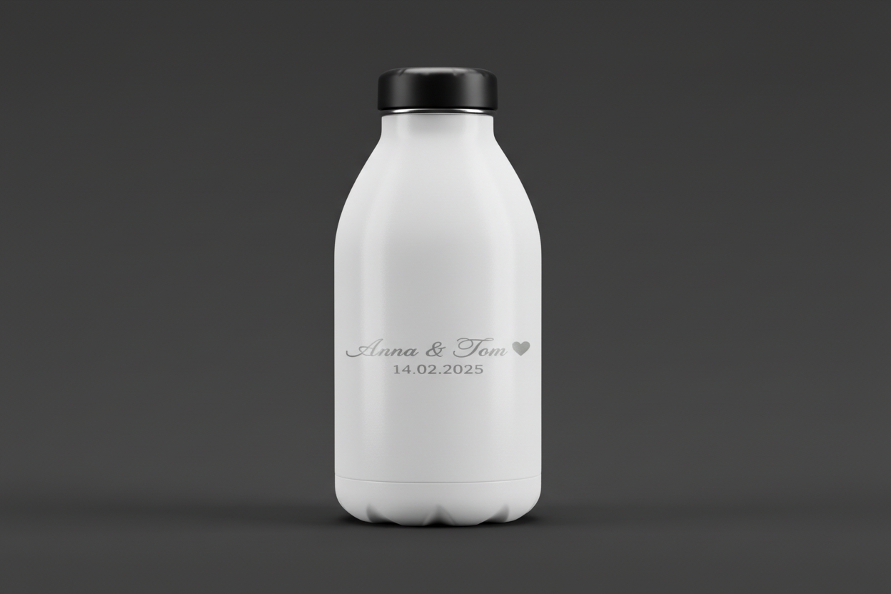 Personalisierte Edelstahl-Trinkflasche mit Gravur Anna & Tom Herz 14.02.2025