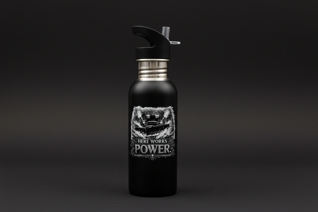 Trinkflasche mit HERE WORKS POWER Gravur