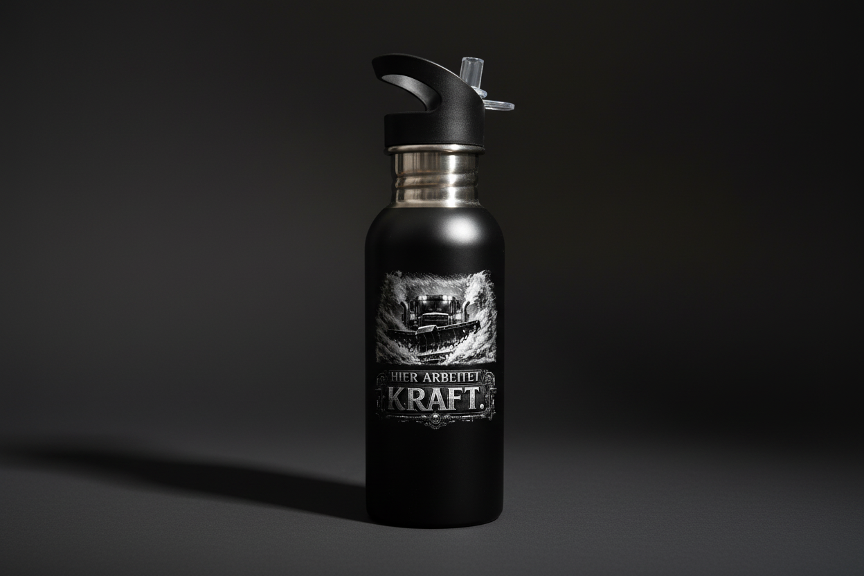 Personalisierte Trinkflasche mit Textgravur HIER ARBEITET KRAFT